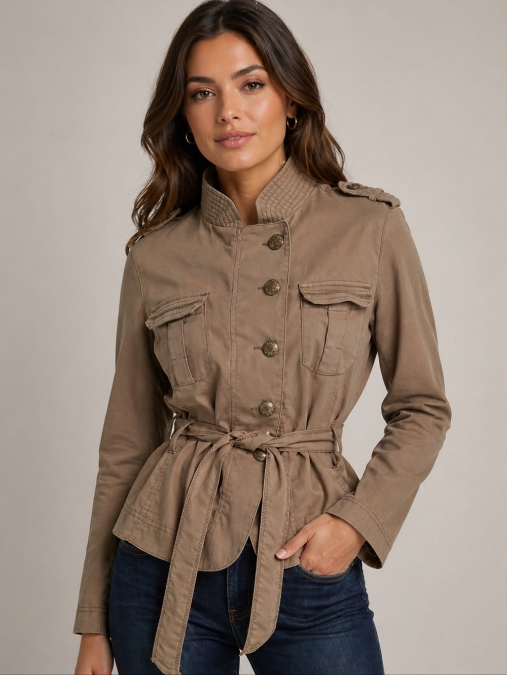 MEXX/ Greyish Khaki Tie-Waist Military Style Jacket/ Size US 12